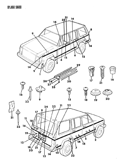 1986 Jeep Cherokee Mouldings, Exterior - Lower Diagram 1