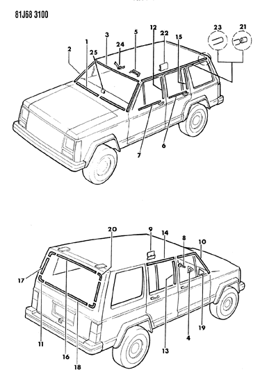 1985 Jeep Cherokee Mouldings, Exterior - Upper Diagram 2