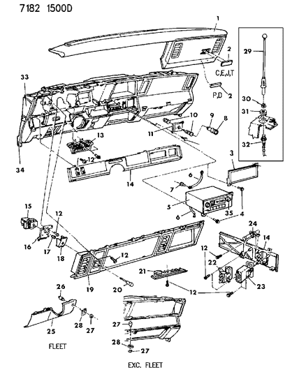 1987 Dodge Aries Instrument Panel Pad, Bezels, Radio & Antenna Diagram