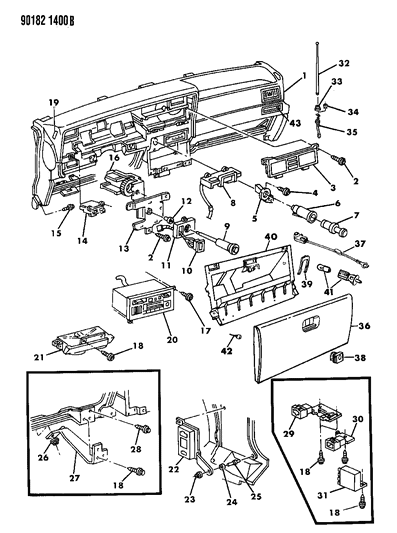 1990 Chrysler LeBaron Instrument Panel Pad, Controls, Radio & Antenna Diagram