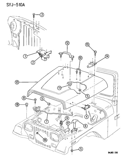 1994 Jeep Wrangler Hood, Lock And Catches Diagram