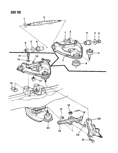 1989 Dodge Ram Van Suspension - Front Arm & Steering Knuckle Upper Control Diagram