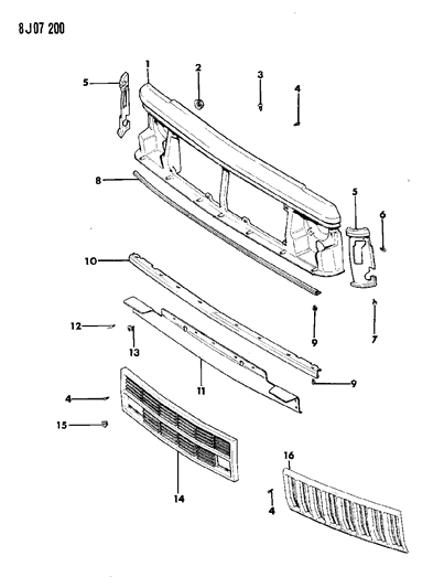 1989 Jeep Cherokee Grille & Related Parts Diagram