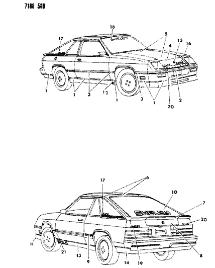 1987 Dodge Omni Tape Stripes & Decals - Exterior View Diagram 1