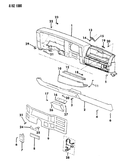 1988 Jeep Wagoneer Instrument Panel Pad & Bezels Diagram