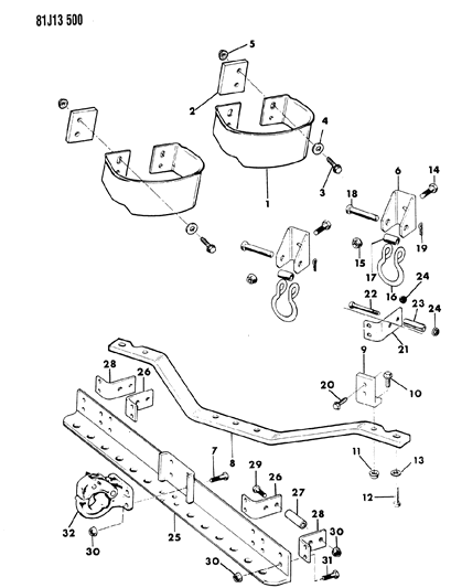 1985 Jeep Wrangler Bumper, Rear Draw Bar, Pintle Hook, Towing Eyes Diagram