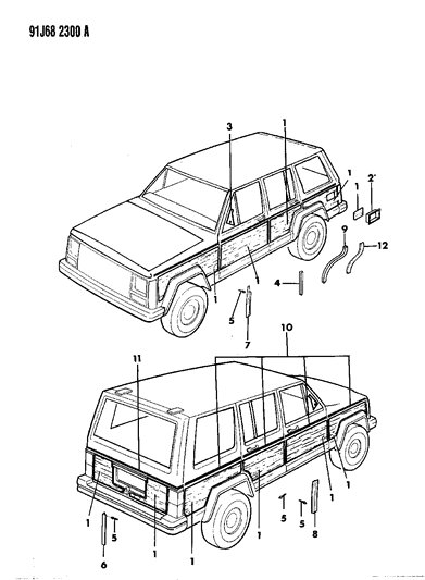 1992 Jeep Cherokee Decals, Exterior Diagram 1