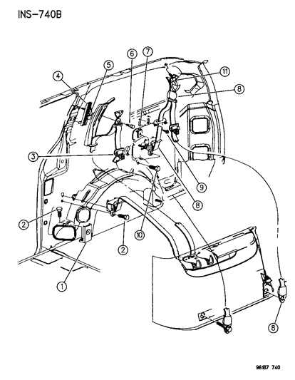 1996 Chrysler Town & Country Belts - Rear Outer - Right 2 And 3 Passenger Diagram