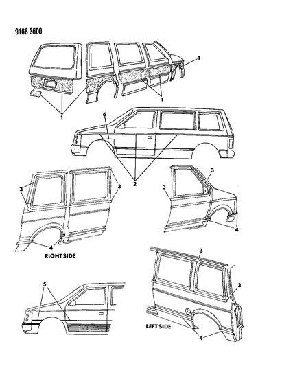 1989 Dodge Caravan Tape Stripes & Decals - Exterior View Diagram