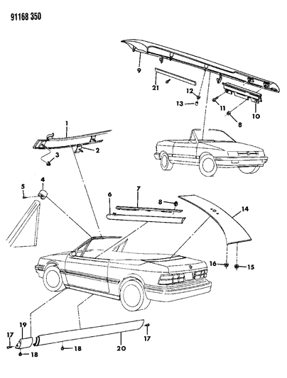 1991 Dodge Shadow Mouldings - Exterior Diagram