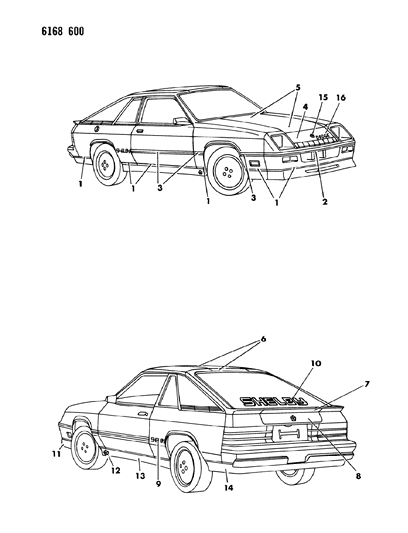 1986 Dodge Omni Tape Stripes & Decals - Exterior View Diagram 2