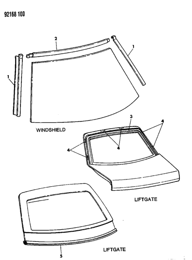 1992 Dodge Shadow Mouldings - Windshield & Rear Window Diagram