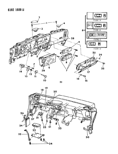1986 Dodge Daytona Instrument Panel Cluster, Speakers, Glovebox & Switches Diagram