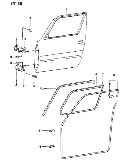 1988 Chrysler Conquest Door, Front Shell, Hinges And Weatherstrips Diagram