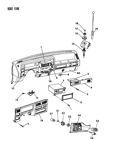 1988 Dodge Dakota Instrument Panel Bezels, Radio And Switches Diagram