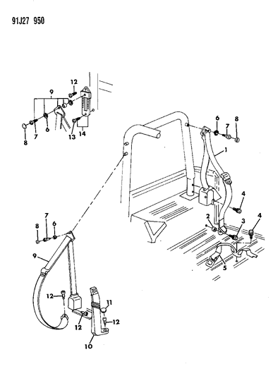 1993 Jeep Wrangler Rear Seat Retractor Assembly Belt Black Diagram for 55029707