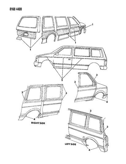 1988 Dodge Caravan Tape Stripes & Decals - Exterior View Diagram