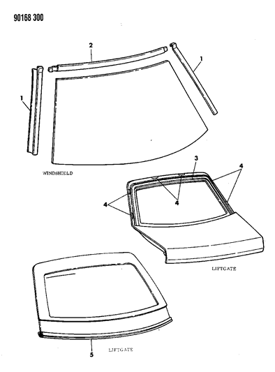 1990 Dodge Shadow Mouldings - Windshield & Rear Window Outside Diagram