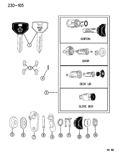 1996 Dodge Neon Lock Cylinders & Double Bitted Lock Cylinder Repair Components Diagram