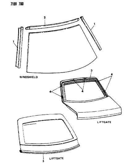 1987 Dodge Shadow Mouldings - Windshield & Rear Window Outside Diagram
