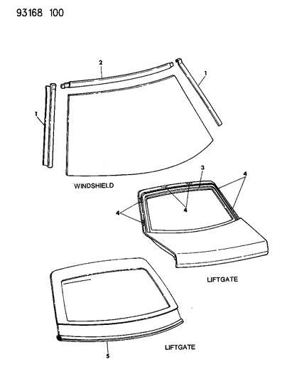 1993 Dodge Shadow Mouldings - Windshield & Rear Window Diagram