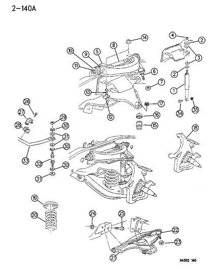 1996 Dodge Ram 3500 Suspension - Front Coil & Shocks With Upper and Lower Control Arm & Sway Bar Diagram 1