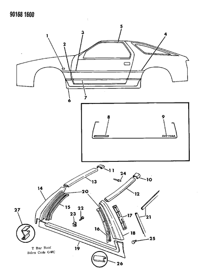 1990 Dodge Daytona Mouldings & Ornamentation - Exterior View Diagram