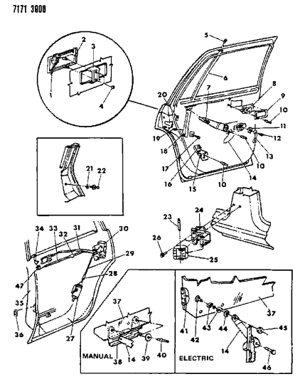 1987 Dodge Lancer Door, Rear Shell, Handle, Glass & Controls Diagram