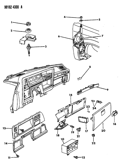 1990 Chrysler New Yorker Instrument Panel Glove Box, Radio & Antenna Diagram