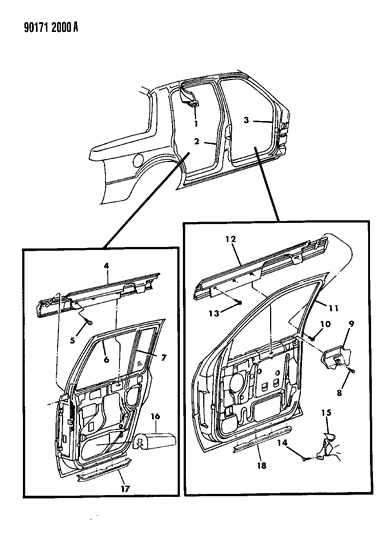 1990 Dodge Spirit Door, Front & Rear Weatherstrips, Runs And Guards Diagram