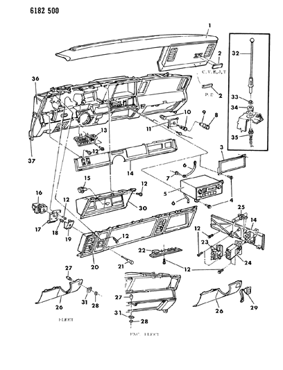 1986 Chrysler New Yorker Instrument Panel Pad, Cluster, Bezels & Radio Diagram
