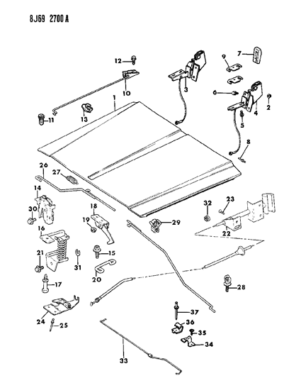1988 Jeep Comanche Hood, Latch And Hinges Diagram