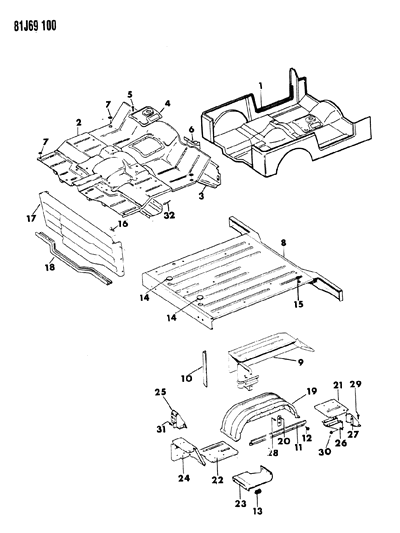 1984 Jeep Wrangler Pan - Floor Front & Rear Diagram