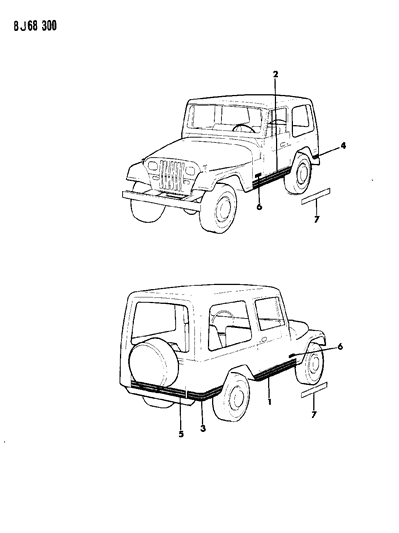 1990 Jeep Wrangler Decals, Exterior Diagram 1