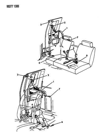 1992 Dodge Dakota Front & Rear Retractor Seat Belt Diagram for 5DB43MTB