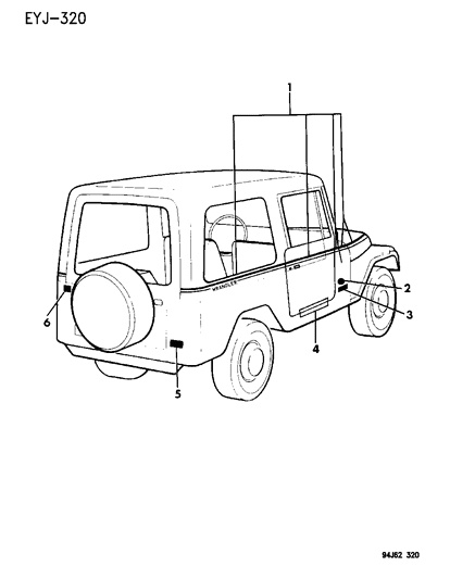 1995 Jeep Wrangler Decals, Bodyside And Rear Diagram 3