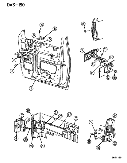 1994 Chrysler Town & Country Door - Front Shell - Hinges - Handles Diagram