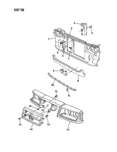 1988 Dodge 600 Grille & Related Parts Diagram