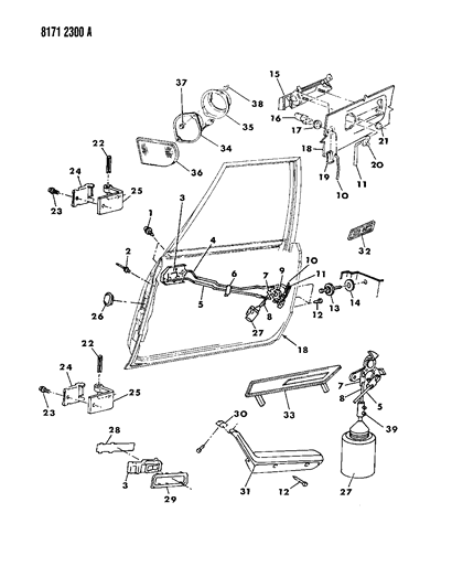 1988 Dodge Aries Door, Front Shell, Control And Hardware Diagram