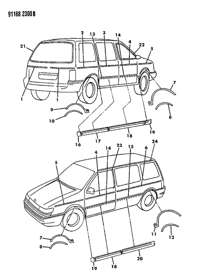 1991 Chrysler Town & Country Mouldings - Exterior Diagram