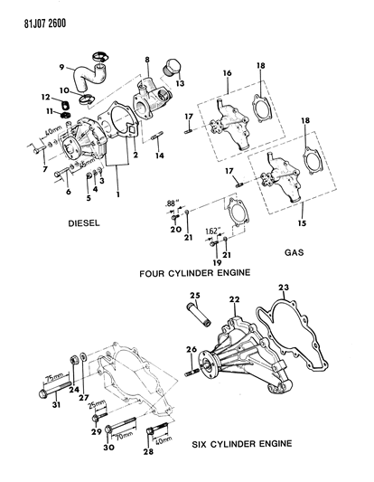 1986 Jeep Comanche Water Pump & Related Parts Diagram