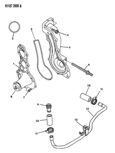 1991 Dodge Shadow Water Pump & Related Parts Diagram