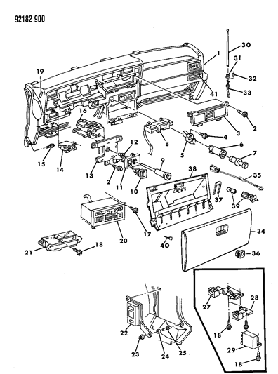 1992 Dodge Spirit Instrument Panel Pad, Controls, Radio & Antenna Diagram