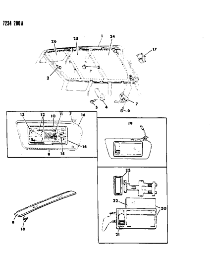 1987 Dodge 600 Headliner Visor & Shelf Panel Diagram