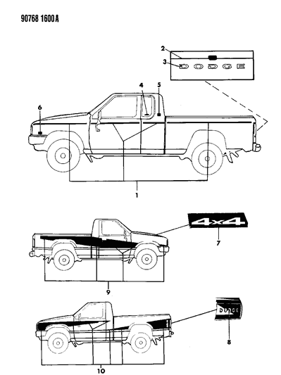 1990 Dodge Ram 50 Tape Stripes & Decals - Exterior View Diagram