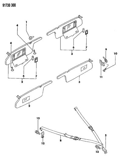 1991 Dodge Stealth Sunvisors & Parcel Strap Diagram