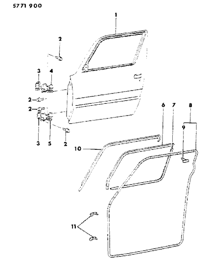 1986 Dodge Conquest Door, Front Shell, Hinges And Weatherstrips Diagram