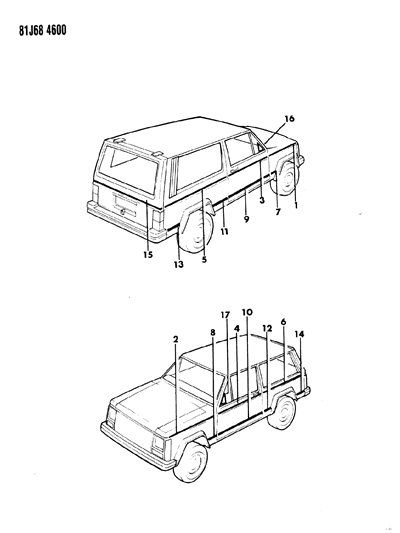 1985 Jeep Cherokee Decals, Exterior Diagram 1