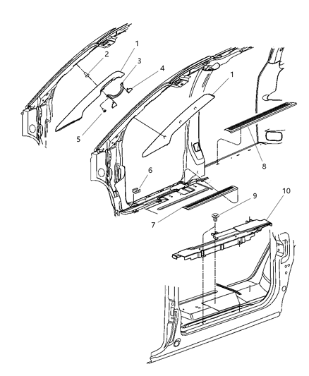 2004 Dodge Caravan Molding A Pillar & Scuff Plates Diagram