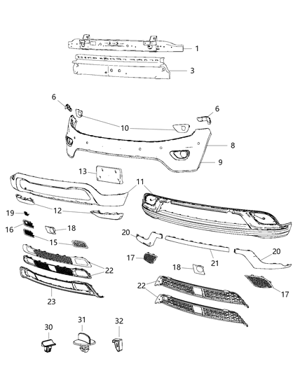 2015 Jeep Grand Cherokee Front Upper Bumper Cover Diagram for 68214172AA